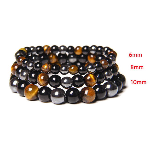 Bracelet Triple Protection, Oeil De Tigre-obsidienne Noire-hématite, Perle Ronde 8 Mm - Bracelet Spirituel/Triple Protection - Miracles Minéraux