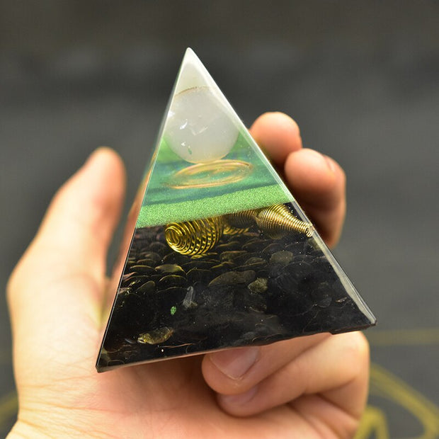 Orgonite Pyramide Obsidienne et Quartz blanc 7cm