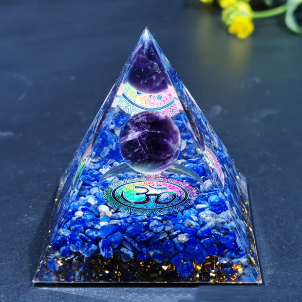Orgonite pyramide Lapis lazuli et sphère Améthyste 5cm