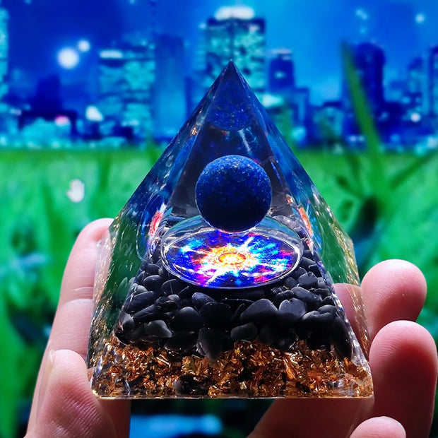 Orgonite Pyramide Obsidienne et sphère lapis lazuli