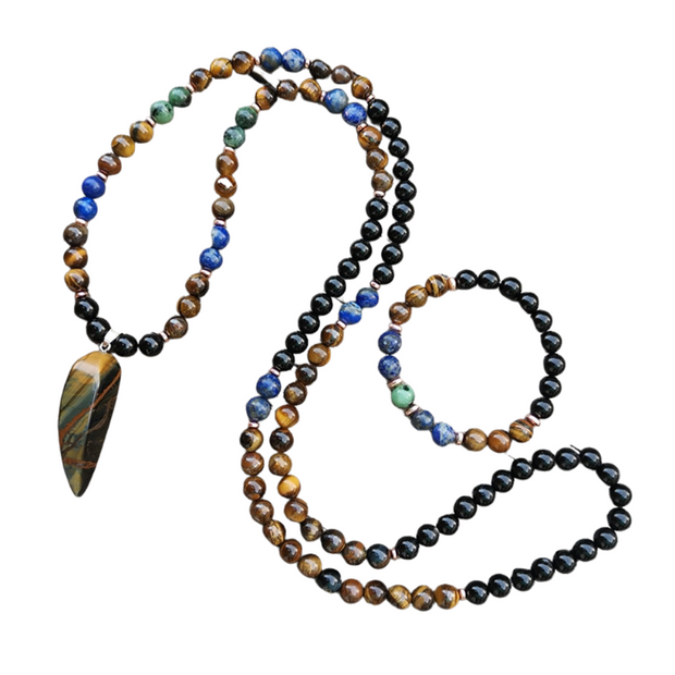 Collier + Bracelet : Onyx noir, lapis lazuli, Oeil de tigre, rubis zoisite